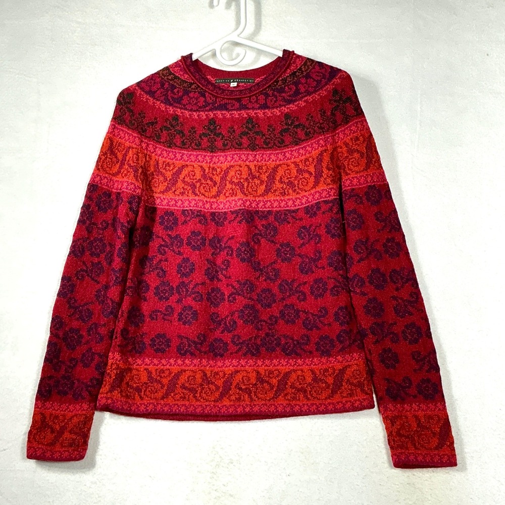 Peruvian Connection Size M Sweater 100% Alpaca Red Floral Fair Isle Knit Womens